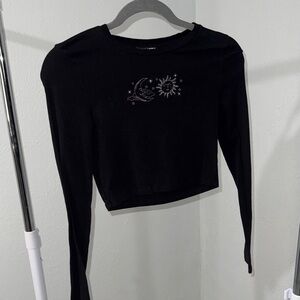 Black Long Sleeve Top with Celestial Design